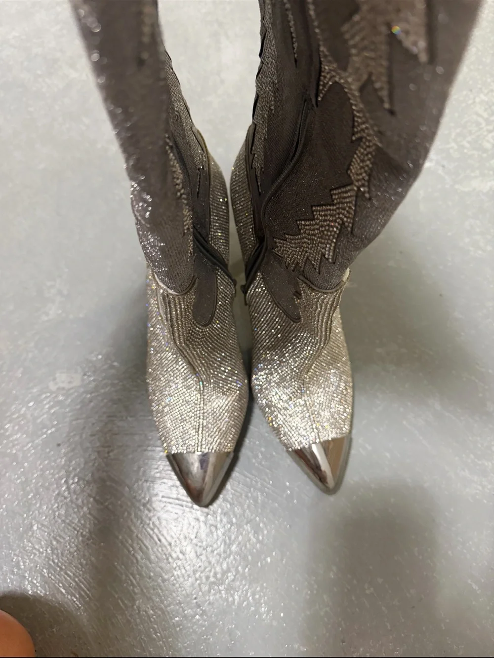 Gianni Bini KatyannaTwo Glitter Knee-High Western Stiletto Boots - Silver/Gray